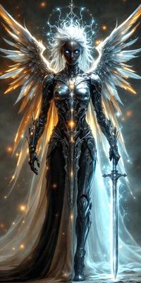 The primary subject of the image is a woman dressed in a futuristic outfit, wearing a metallic costume and holding a sword. The setting is a dark, possibly futuristic environment, with a backdrop of a starry sky. The visual style is digital art, with the woman's costume and the sword being the main focus of the image. The colors and mood are dark and dramatic, with the woman's costume and the sword being the main elements that create the atmosphere.